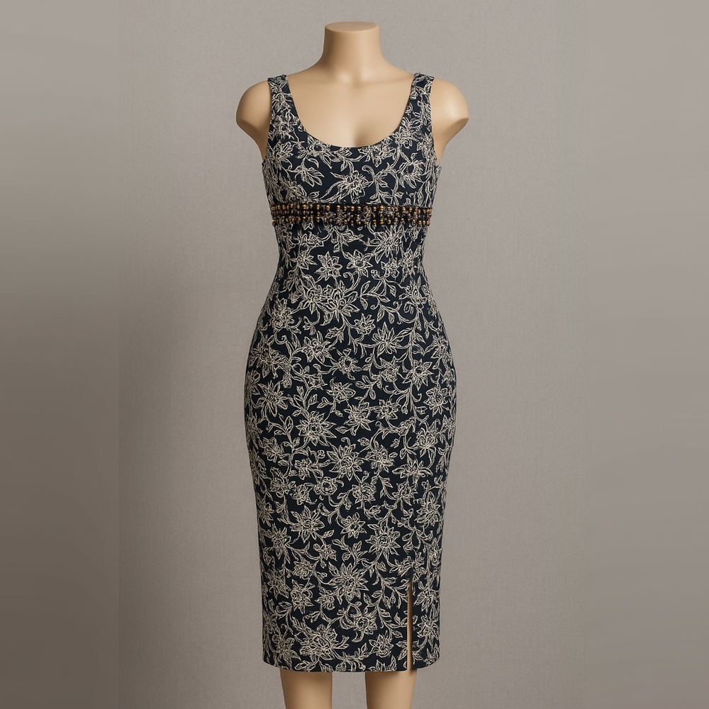 All That Jazz Vintage Rayon Floral Sheath Dress Beaded Waist Y2K Resort Size 8